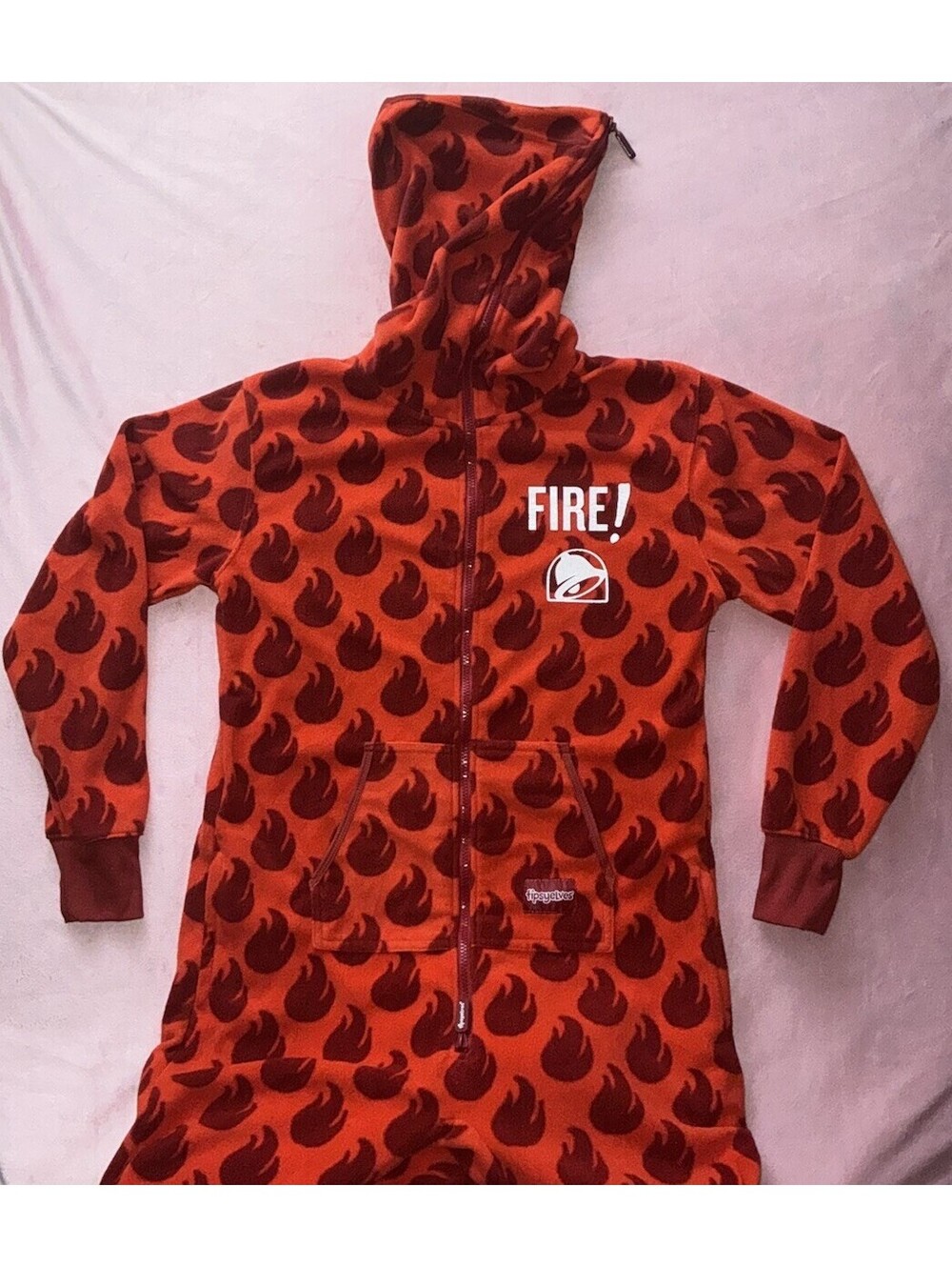 TIPSYELVES | TACO BELL FIRE HOT SAUCE JUMPSUIT PAJAMA ONE PIECE Sz M Costume EUC